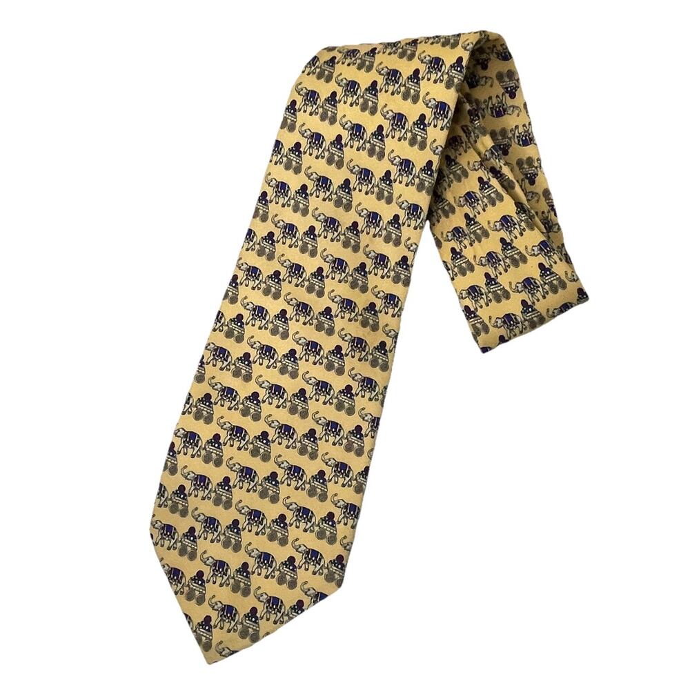 Brooks Basics Royal Elephants & Carts Printed Pure Silk Neck Tie USA Multicolor